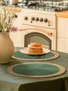 15英寸圆形绿色编织餐垫套装（4/6件），圆形PP编织餐垫，宽纸边，可水洗，可擦拭，耐热，适合节日派对、室内外日常使用。 - 綠色 - 查看 5