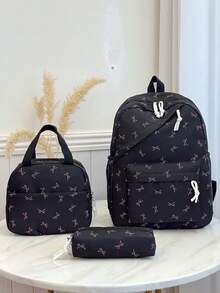 3pcs/Set Casual Collegiate Bow Print Backpack Set, Includes Backpack, Lunch Bag, Crossbody Bag & Pencil Case, With Laptop Compartment, Adjustable Straps, Multi-Pocket Large Capacity Bookbag Set, Multifunctional Daily Backpack Set, Suitable For Women/Girls/Teens/College Students/Graduates For Daily Use/Vacation/Travel/Back To School, Cute Bow Backpack - Black - View 12
