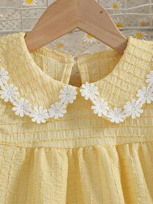 女童A字连衣裙，撞色荷叶边领灯笼袖连衣裙，适合日常外出/户外休闲度假/公主风，夏季 - 黃色 - 查看 5