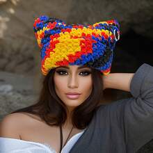 1pc New Fashion Creative Women's Cute Cat Ear Knitted Hat Thick Yarn Handmade Needle - 紅色 - 查看 2