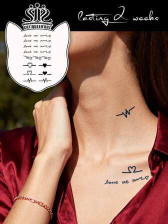 Herbal Juice Juice Tattoo Permanent Finger Tattoo Sticker Magic Tattoo Sticker Soft And Romantic "Love Me More" Flower-Shaped Text, Heart Pattern Minimalist Tattoo Long-Lasting Semi-Permanent Tattoo 14 Days Colorfast, Non-Reflective Tattoo For Arm, Shoulder, Neck, Wrist, Back, Body Tattoo Sticker Fake Tattoo 1 Pack