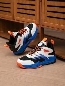 1 Pair Kids' Basketball Shoes, Fashionable Colorblock Breathable Casual Outdoor Sports Shoes For Boys, Suitable For All Seasons - Blue and White - View 4