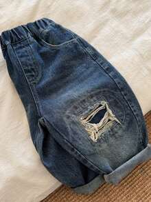 Dżinsy jeansowe w koreańskim stylu dla małych dzieci i młodzieży, z przetarciami, z prostą nogawką - Średni jeans - Zobacz 7