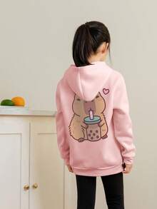 1pc Tween Girl Casual Printed Pullover Sweatshirt, Thermal Lined, Long Sleeve, Autumn/Winter - Pink - View 2