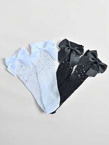 2 Pairs Girls' Rib Knit Bow & Hollow Out Fishnet Socks, Suitable For Daily Wear In Summer - Black and White - View 7