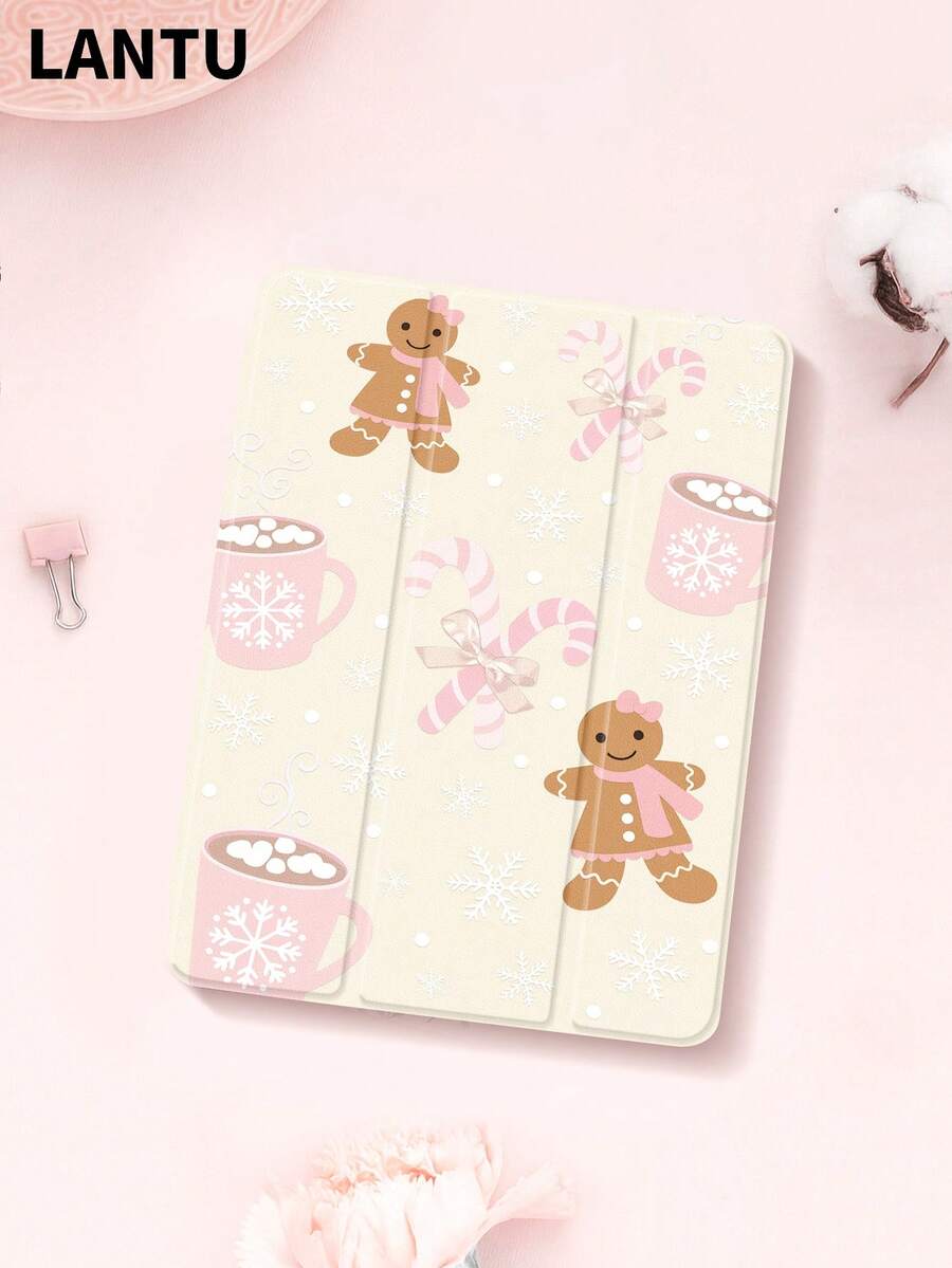 1pc Christmas Snowflake Bow Gingerbread Man Pink Christmas Cup Print Tablet Protective Case, Compatible With Apple IPad 10.2" / IPad Pro 11" 2020/2021, IPad (A16) 11" 11th Gen 2025, IPad 9th/10th Gen, IPad Air 4th 10.9", Galaxy Tab S6 Lite 10.4", /, Anti-Drop, With Pencil Slot, Support Sleep/Wake, Romantic Gift, New Year's Christmas Gift For 2026 - Multicolor - View 1