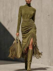 Women Turtleneck Long Sleeve Dress Ruched Detail Fringe Trim Midi Dress - 墨綠色 - 查看 1