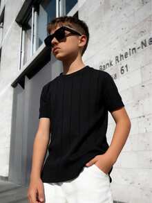 Tween Boys Solid Color Crew Neck Ribbed Short Sleeve T-Shirt, Casual Spring/Summer Top - Black - View 7