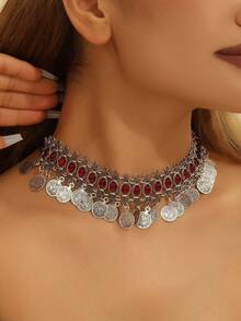 1 chiếc dây chuyền đội đầu phong cách Bohemian cổ điển dành cho nữ, trang sức 2 trong 1, phụ kiện cài tóc tua rua hình đồng xu, thích hợp cho các bữa tiệc và tụ họp của phụ nữ. - bạc cổ - Xem 3