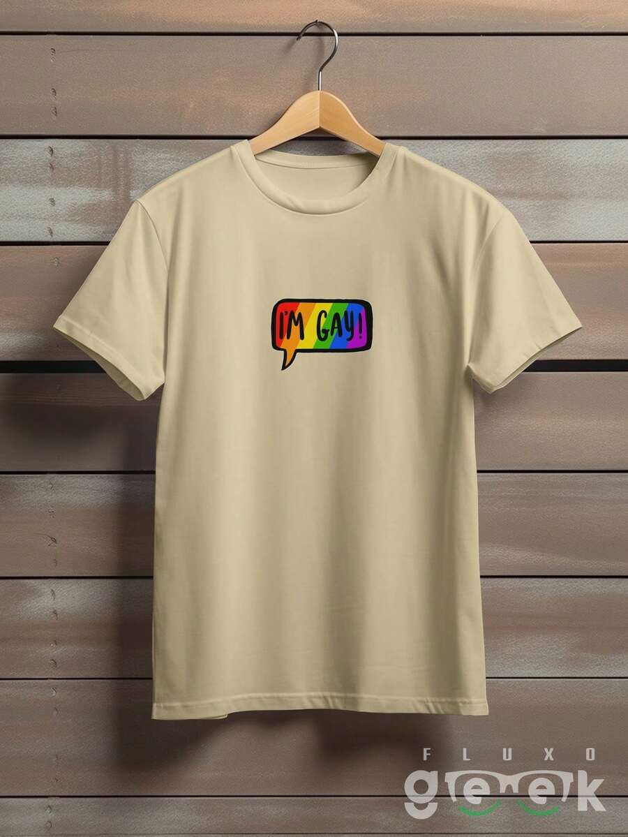 Camisa Camiseta I'm Gay Estampa Rainbow LGBTQIA+ Colorida REF 3318 FLUXO GEEK - Caqui - Visão 1