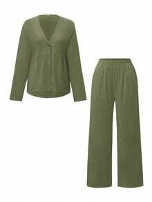 Look Polly Women's 2-Piece Casual Everyday Matching Set, Single-Breasted Long Sleeve Top Paired With Straight Wide-Leg Pants, Suitable For Valentine's Day Date Night, Carnival Parties, And Beach Vacation - Army Green - View 3