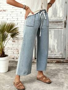 Women's Casual Washed Denim Wide Leg Capri Pants, Drawstring Waist, Pockets, Light Blue, Slightly Stretchy Spring - Baby Blue - View 6