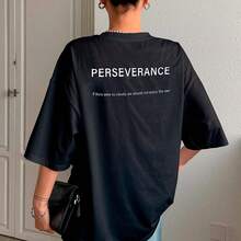 T-Shirt With "Perseverance" Print Lettering. Minimalist, Casual, Modern, Sophisticated, Simple, Basic, Summer, Oversized. - Black - View 13