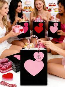 24/12/6/3pcs Valentine's Day Kraft Paper Gift Bags With Red Heart Tags, Heart-Shaped Valentine's Gift Bags, Black And Pink Design, Red And Pink Paper Party Bags With Handles, Anniversary Surprise Gift Bags, Foldable Shopping Bags And Valentine's Party Bags, Holiday Decorations, Shopping Bags, Romantic Occasion Gift Bags, Wedding Party Gift Bags, Handmade Tote Bags For Mother's Day, Valentine's Day, Birthday And Love Occasions - Multicolor - View 8