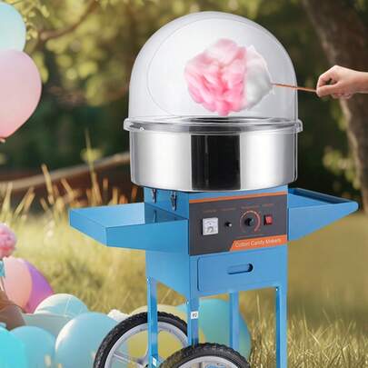 Máquina eléctrica para hacer algodón de azúcar con carrito, 1000 W, comercial, con tapa, recipiente de acero inoxidable, cuchara para azúcar y cajón, perfecta para el hogar, cumpleaños de niños, fiestas familiares, color azul
