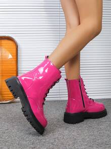 Giày bốt đế dày màu hồng tím bóng, khóa kéo, kiểu dáng retro đa năng, phù hợp cho mùa thu/đông, thanh thiếu niên và sinh viên. - Màu Hồng Tươi - Xem 3