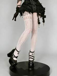 1pc Asymmetric Hollow Fishnet Stockings, Sexy Sheer Black Tights For Women, Vintage American Distressed Gothic Punk Asymmetric Fishnet, Retro Y2K Edgy Goth Streetwear