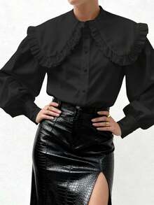 Women's Elegant Solid Color Ruffle Collar Long Sleeve Blouse, Suitable For Dates, Parties, Business, Casual, Valentine's Day - Black - View 6