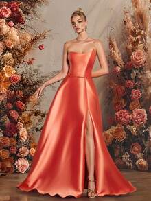 VIPGIRL Vestido de Festa Longo de Cetim Coral Sem Alças com Fenda Alta - Vestido de Formatura Elegante para Ocasiões Especiais