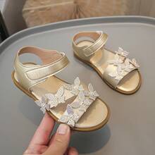 可调节绑带女童凉鞋，闪亮蝴蝶结设计，适合儿童节 - 金色 - 查看 11