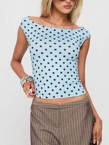 Women Y2k Polka Dot T Shirts Tops Short Sleeve Boat Neck Slim Fit Crop Top Summer Casual Tee Shirt Going Out Tops Blouse Party Club Daily Streetwear - 淺藍色 - 查看 3