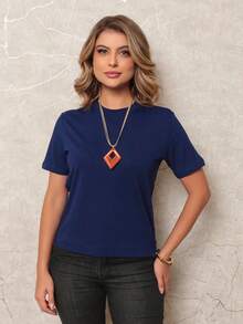 Dellamarca Women's Short-Sleeve Blouse. Includes A Free Necklace. Comfortable Fabric. - Màu xanh hải quân - Xem 1