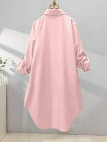 Plus Size Women's Asymmetric Hem Long Shirt, With Collar And Button Details, Dropped Shoulder Long Sleeve Top Pink Spring - Pink - View 2