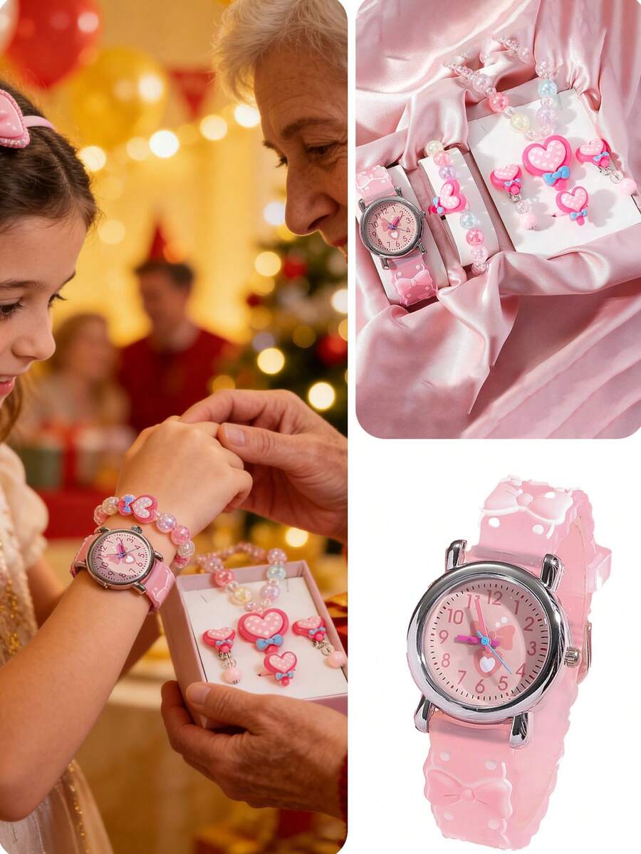 6件套甜美清新儿童石英手表+手链项链戒指耳环，搭配可爱卡通腕表，节日礼物，年末促销（不含礼盒） - 粉色 - 查看 1