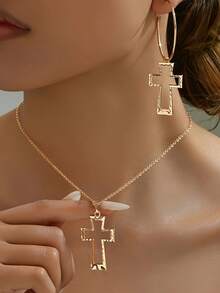 2pcs/Set Fashionable Minimalist Versatile Geometric Hollow Cross Metal Pendant Necklace & Earrings Jewelry Set For Women - Yellow Gold - View 2