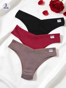 3pcs/Pack Women's Pure Cotton Ribbed V-Waist Solid Color Soft Triangle Panties - Multicolor - View 2