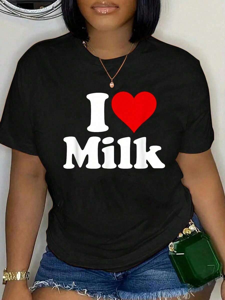 100 Cotton I LOVE HEART MILK T-Shirt Unisex Classic Comfort Tee Tops Oversized Crew Neck T Shirts - màu đen - Xem 1