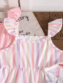 女婴夏季水下动物印花条纹纯色荷叶边袖可爱三件套连体衣,运动服和户外服 - 粉色 - 查看 4