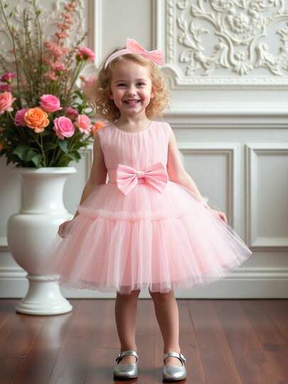 女婴无袖纯色薄纱腰部蝴蝶结蓬松优雅连衣裙，适合生日派对，附赠发带