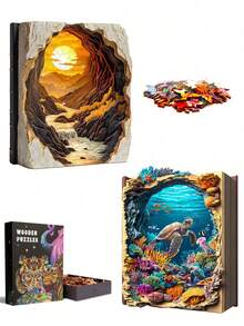 1件裝 Sunset In A Book/Deep Blue 木製不對稱拼圖，動物造型2D拼圖玩具，適合兒童與成人，益智遊戲，派對、假日、聖誕與生日禮物，獨特魔幻桌面裝飾創意木製拼圖禮品 - 彩色 - 查看 5