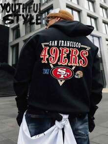 Men's Starter Black San Francisco 49ers Printed Triangle Graphic  Hoodie Sweatshirt,Suitable For Both Men And Women, Fashionable Daily Wear, Outdoor Sports, The Best Gift For Friends For Autumn/Winter - 黑色 - 查看 1