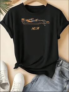 F1 Racing T-Shirt, Unisex Crew Neck VER 1 Print Short Sleeve Tee, Motorsport Racing Stripe Checkered Accent Casual Top, Sporty Style Machine Washable Shirt, Perfect For 4th Of July, Memorial Day, Labor Day, Father's Day, Back To School, Daily Wear, Race Day, Fan Gatherings, Birthday Gift For Son, Boyfriend, Dad, Niece, Spring Summer Outfits, Motorsport F1 Fan Apparel - 黑色 - 查看 1