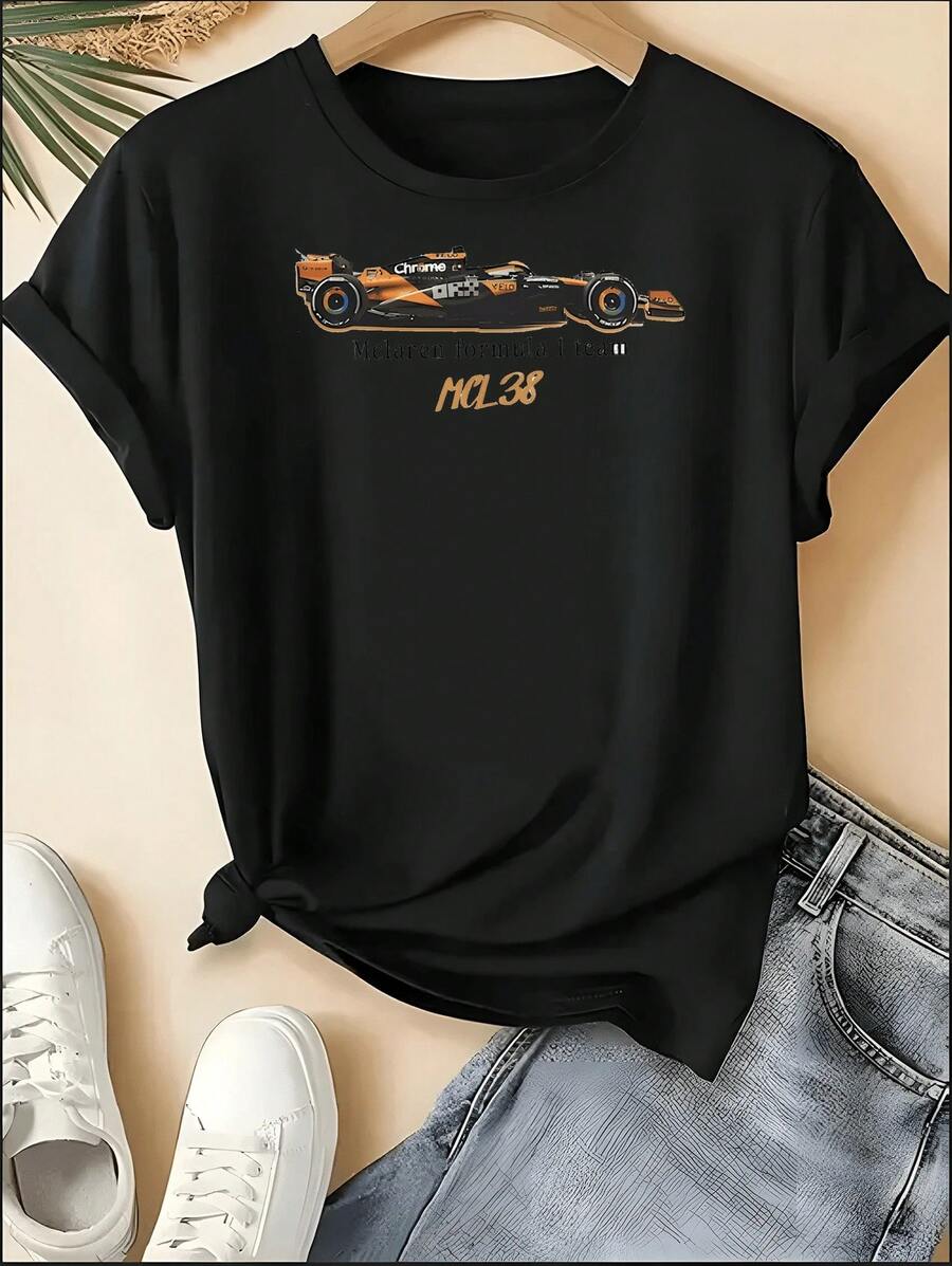 F1 Racing T-Shirt, Unisex Crew Neck VER 1 Print Short Sleeve Tee, Motorsport Racing Stripe Checkered Accent Casual Top, Sporty Style Machine Washable Shirt, Perfect For 4th Of July, Memorial Day, Labor Day, Father's Day, Back To School, Daily Wear, Race Day, Fan Gatherings, Birthday Gift For Son, Boyfriend, Dad, Niece, Spring Summer Outfits, Motorsport F1 Fan Apparel - 黑色 - 查看 1