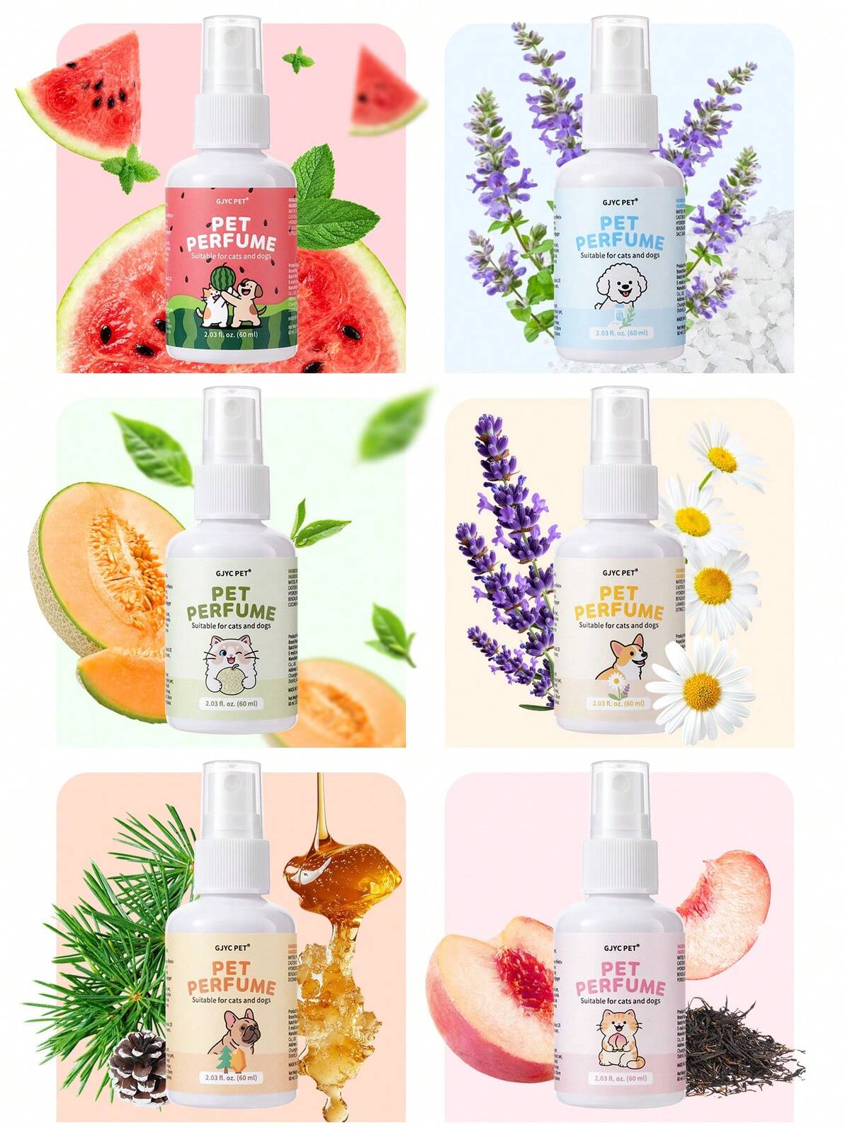 GJYC PET Parfum pour animaux de compagnie pour chiens et chats | 2,03 oz liq, fragrance longue durée, formule approuvée par les vétérinaires | Spray désodorisant multi-parfums 10