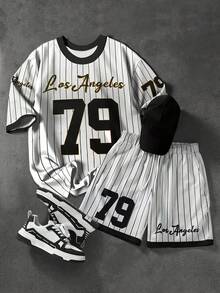2pcs/Set Boys Casual Sports Minimalist Comfortable Outfit, Number 79 Los Angeles Letter Print Baseball Style Striped Design Short Sleeve T-Shirt And Matching Shorts Set, Spring/Summer - White - View 8