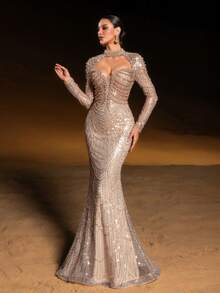 Đầm maxi đuôi cá đính cườm và sequin thanh lịch dành cho nữ, thiết kế tay dài, hoàn hảo cho các buổi tiệc tối và các dịp trang trọng như đám cưới, mùa xuân. - Rượu sâm banh - Xem 7