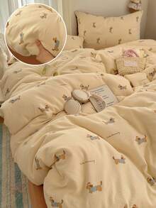 4pcs Dog Pattern Bedding Set, Soft & Comfortable Bedroom Linens, Cute Dachshund Design, Breathable & Soft All Season Bed Set Including 1 Duvet Cover, 1 Bed Sheet, 2 Pillow Shams, No Filling, Suitable For Bedroom, Dorm, Home Use, Multiple Sizes Available - Beige - View 1