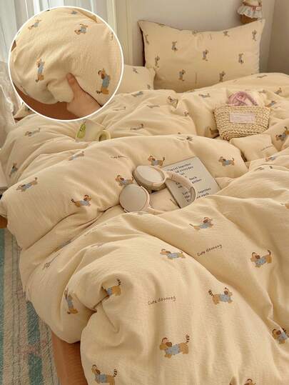 4pcs Dog Pattern Bedding Set, Soft & Comfortable Bedroom Linens, Cute Dachshund Design, Breathable & Soft All Season Bed Set Including 1 Duvet Cover, 1 Bed Sheet, 2 Pillow Shams, No Filling, Suitable For Bedroom, Dorm, Home Use, Multiple Sizes Available