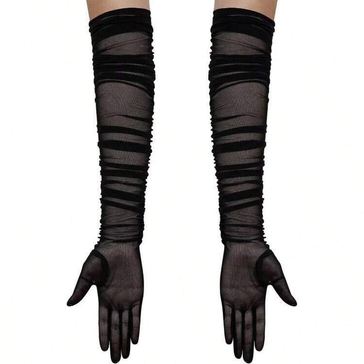 Women's Long Stretchy Ruched Mesh Tulle Sheer Gloves Costume Opera Party 1920's Dance Gloves - 香檳色 - 查看 2