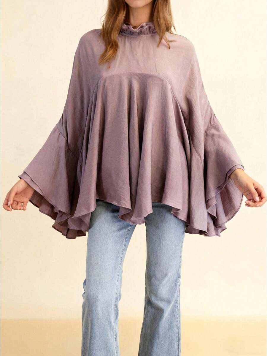 Women's Loose Fit Tops Fashionable Solid Color Long Sleeve Round Neck Irregular Ruffled Blouse For Casual Daily Wear - Purple - View 1