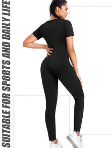1pc 2025 New 4-In-1 Sauna Fitness Shaping Jumpsuit, Women's Exclusive Yoga Sauna Weight Loss Set: Solid Color Minimalist High Waist Butt-Lifting Short Sleeve Jumpsuit, Slim-Fit 7/8 Tummy Control Pants, Paired With Abdominal Fat Burning Training Tank Top, All-Around Sculpting S-Curve. The Perfect Fusion Of Athletic Fitness And Fashionable , Ultimate Shaping, A Of Fat-Burning! Let Your Confidence And Charm Radiate With Every Sweat-Drenched Workout!