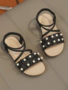 1 Pair Retro Boys/Girls Open Toe Sandals, New Summer Fashion Breathable Slip-On Beach Shoes, Soft Non-Slip Sole - Black - View 2