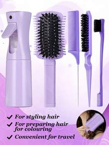 5件套女士顺发梳套装 - 卷发定型梳（顺发造型），可填充喷雾瓶（细雾），护肤清洁套装（6.8盎司），蓬松发梳（尖尾梳），边缘梳（用于梳理发际线和后脑勺），告别毛躁，轻松打结，适合直发、长发、粗发、卷发和自然发质（粉色、紫色、绿色）