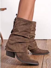 Slip-On Knee-High Boots With Chunky Heels, Minimalist And Versatile Pointed Toe, Women's Sexy Lady Rider Boots - Zaitun 2 - View 2