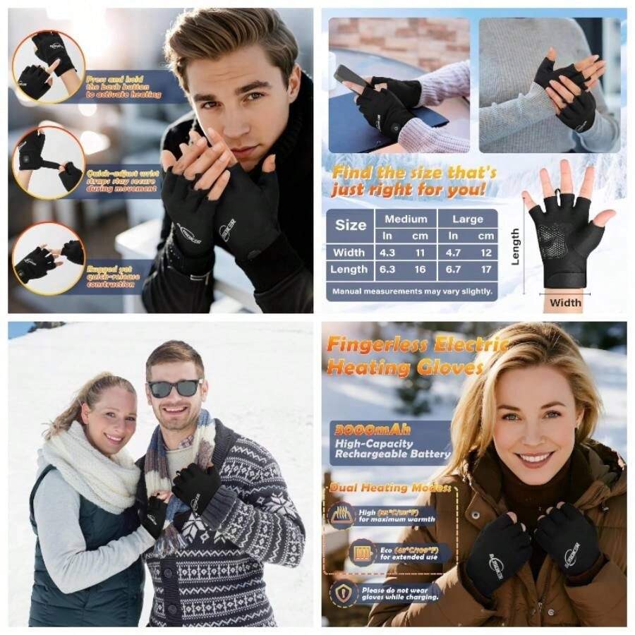 - Guantes calefactados de invierno para hombres y mujeres, guantes elctricos sin dedos con de carga dual para escribir conduccin - M + negro - - Ver 1