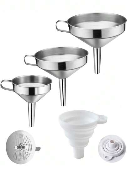 1pc/2pcs Silicone Funnel, Stainless Steel Funnel With Filter Screen, Household Foldable Funnel, Kitchen Tool, Olive Oil Packaging Funnel Tool, Oil Residue Filter Funnel, Multi Specification Funnel, Beverage Filter Funnel, Suitable For Kitchen, Restaurant, Winery, Baking